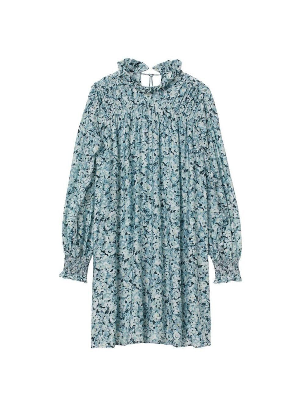 H&M Floral Ruffle Collar Long Sleeve A-line Blue Mini Dress